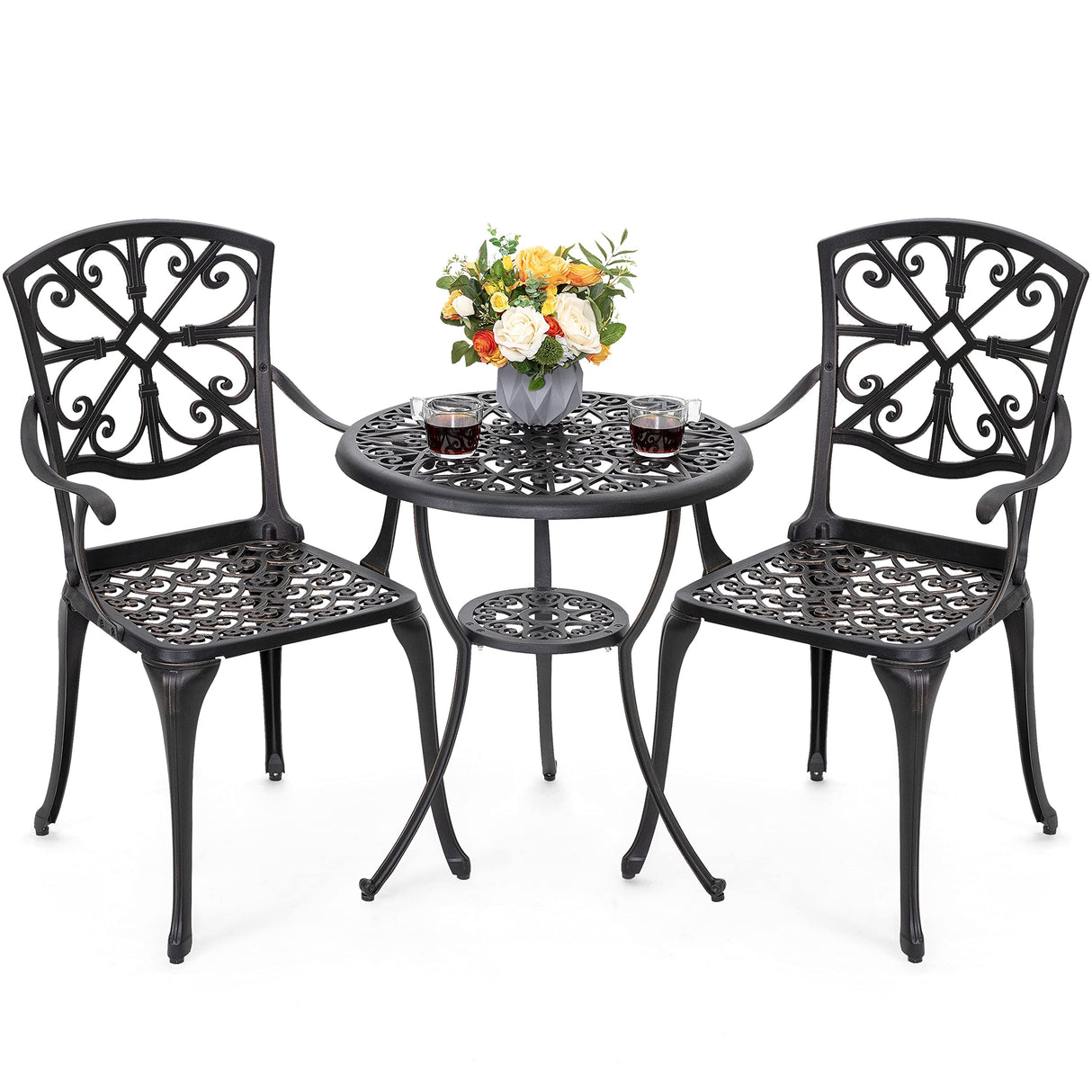 NUU GARDEN 3 Piece Outdoor Bistro Set Cast Aluminum Patio Set Bistro Table Set Rustproof Patio Table and Chairs with Umbrella Hole for Backyard, Balcony, Front Porch, Black