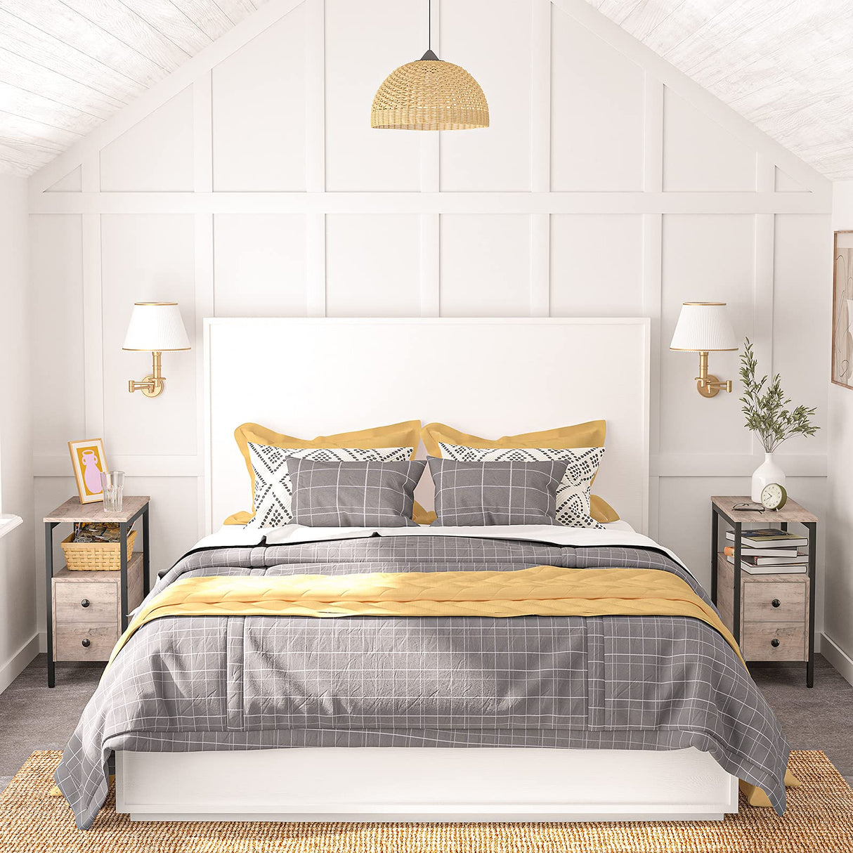 End Table Set of 2, Side Table with 2 Drawer and Open Shelf, Narrow Nightstand