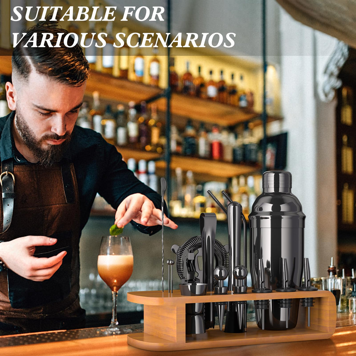 Cocktail Shaker Set with Bamboo Stand, 26-Pieces Bartender Kit 25 oz Martini Bar Tools Set