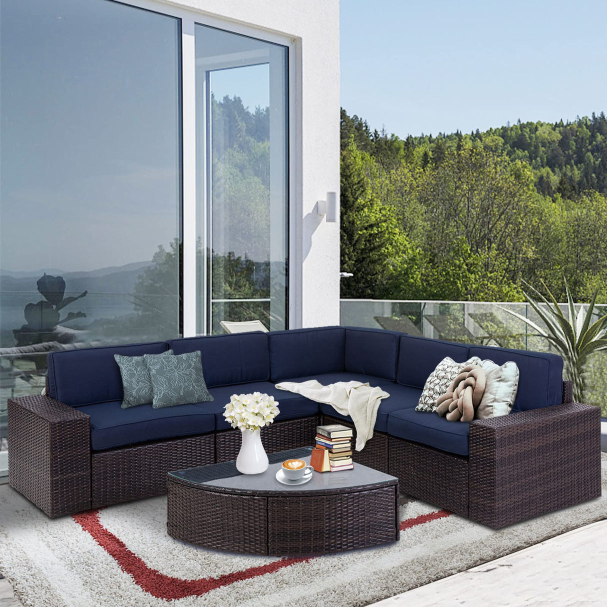 6 Pieces Outdoor Sectional Sofa Patio Wicker Furniture Chair Conversation Set