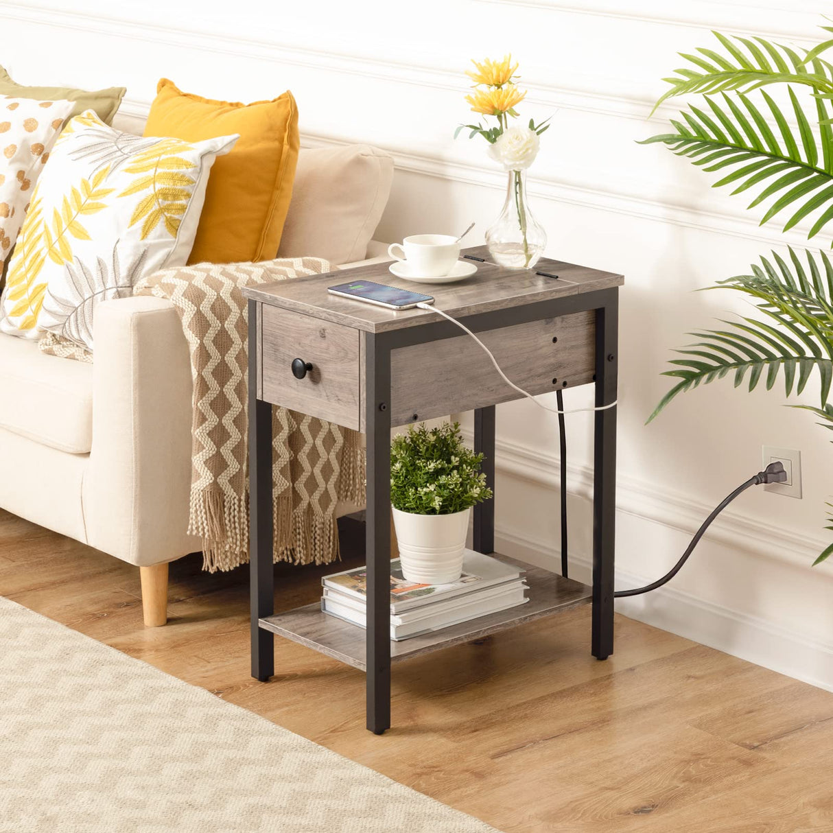 Side Table with Charging Station, Narrow End Table, Small Nightstand, Bedside Tables