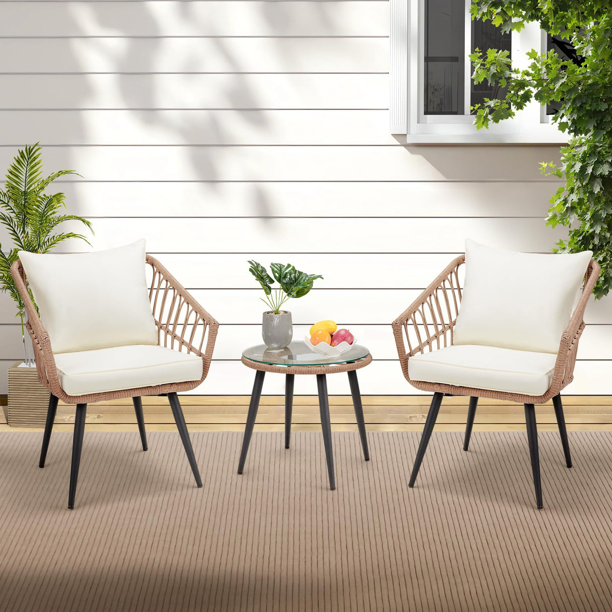 Wicker Patio Bistro Set - 3-Piece Glass Top Table with Cushioned Chairs