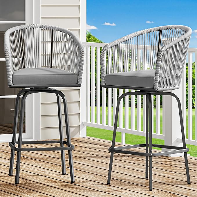 Outdoor Wicker Bar Stools Set of 2, Patio Wicker Counter Stools with Armrest & Backrest