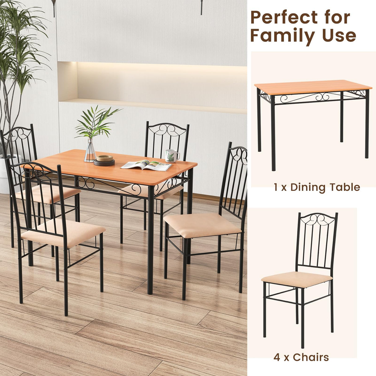Dining Table Set for 4, Dining Room Table Set with Metal Frame & Padded Seat