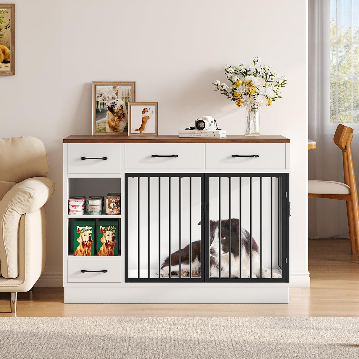 Large Dog Crate Furniture with Storage Drawers - 47.2 Inch Wooden Kennel