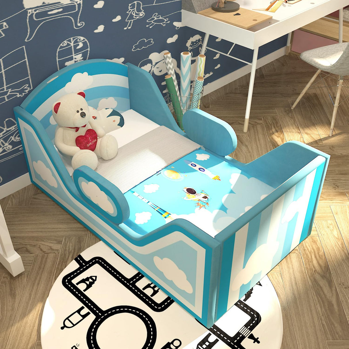 Rainbow Toddler Bed, Toddler Floor Bed with Rail and Headbroad, Child Bed for Kids