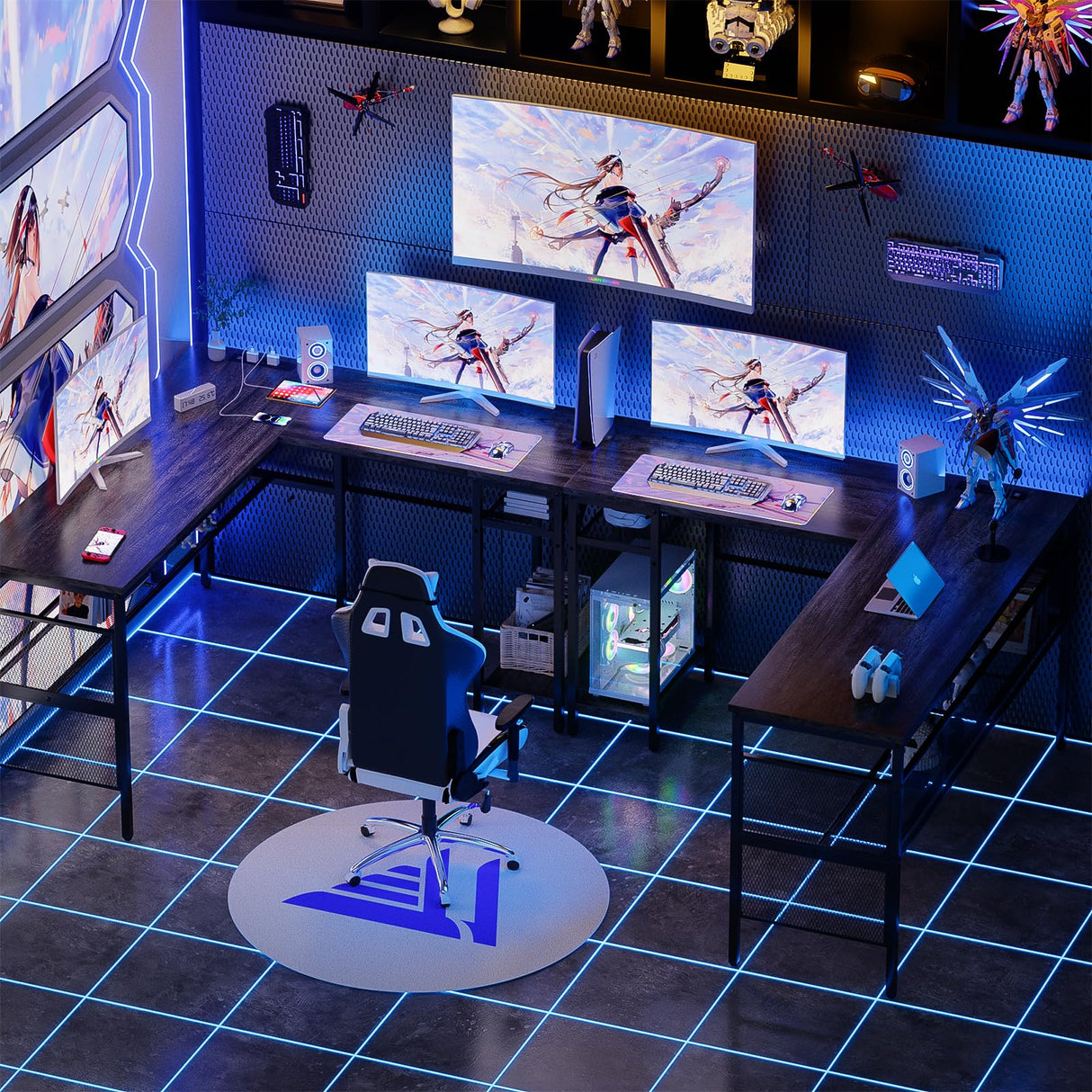 L Shaped Gaming Desk, Large Corner Computer Desk with Power Outlets and USB Ports, Sturdy Home Office Table with Storage Shelf, Attractive Grid Design Writing Desk, Black Oak