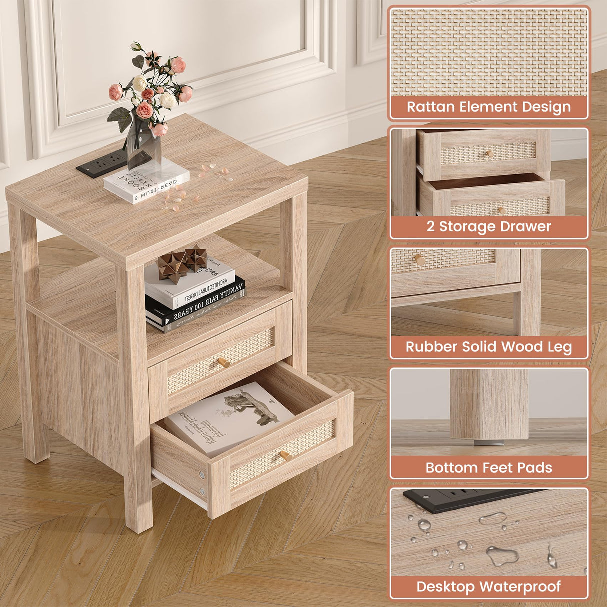 Rattan Nightstands Set of 2 with Charging Station, Farmhouse End Tables with 2 Drawers