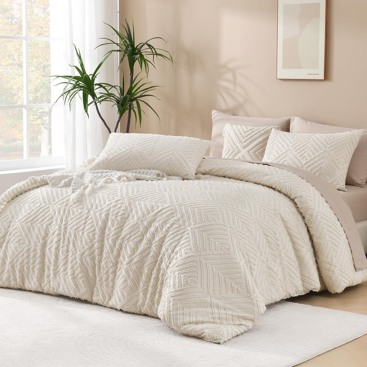 King Size Comforter Set Beige, 3 Pieces Boho King Bedding Comforter Set Cream, All Season Soft Lightweight Tufted Textured Down