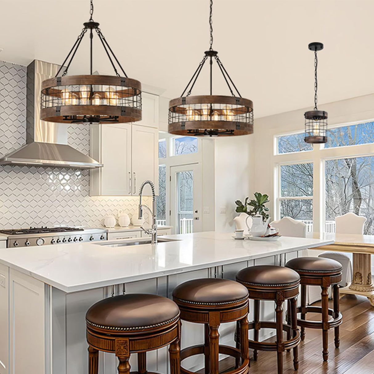 LamQee 24 Inch Farmhouse Dining Room Light Fixture, 6 Lights Modern Farmhouse Chandelier with Wood and Black Metal Shade, Large Rustic Chandeliers Hanging Pendant Lighting for Kitchen Entryway Foyer