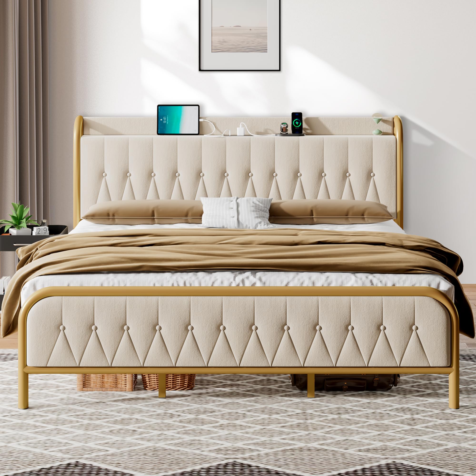 King Size Bed Frame with USB&Type-C Ports, Storage Velvet Button Tufted Headboard