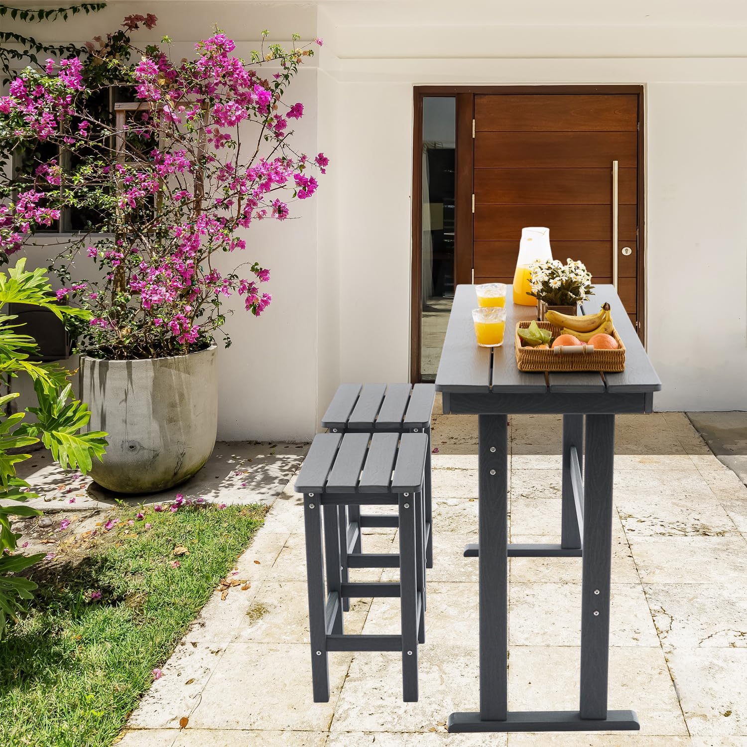 AZXZCS 3 Pcs HDPE Outdoor Bar Set of 2 Includes Bar Height Table and Chairs, Patio Bar Stools Set for Bistro, Poolside, Backyard, Gray