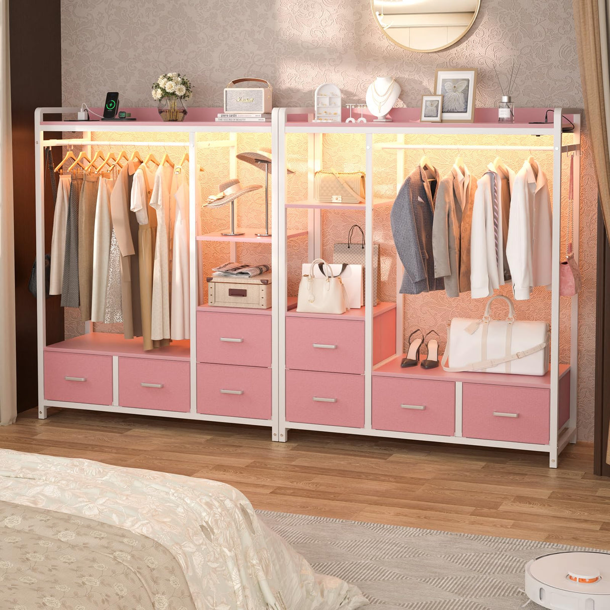 Hanger Rack, 4 Drawers Dresser for Bedroom with Power Outlet and LED Lights, Cute Dresser