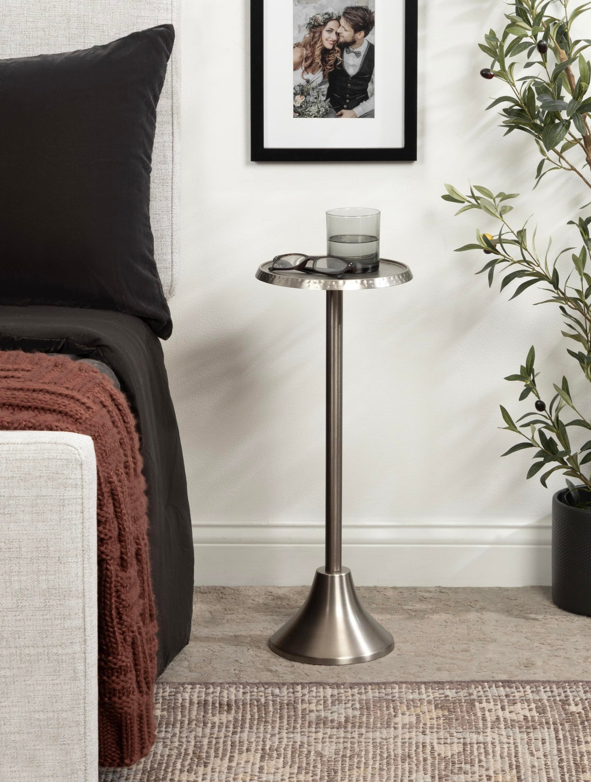 Sanzo Modern Pedestal Drink Table, 9 x 9 x 23, Antique Nickel, Decorative End Table