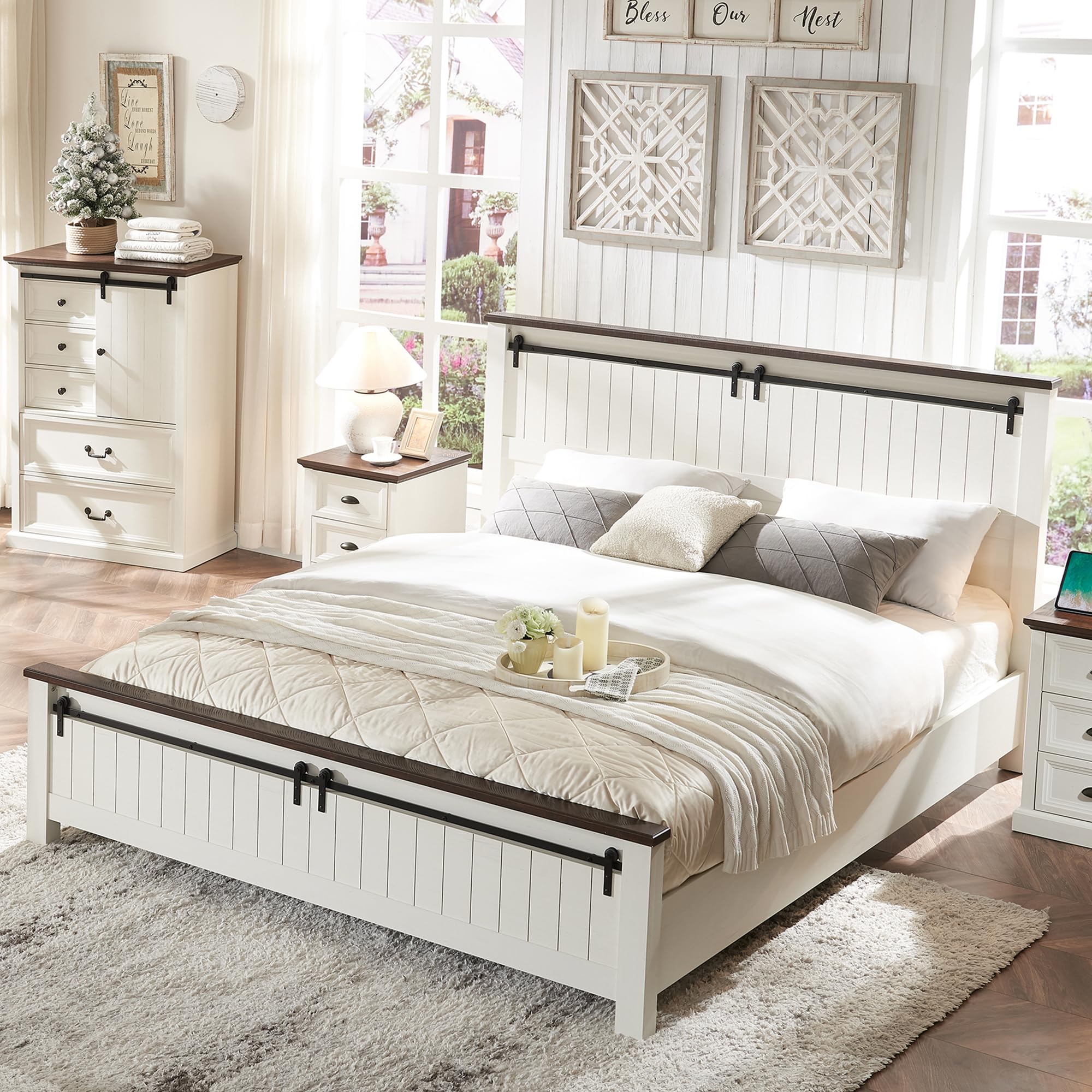 IFGET Farmhouse King Size Bed Frame with 47" Headboard, Wood Bed Frame with Groove Sliding Barn Door Footboard, Platform Bed with Wood Slats Support, No Box Spring Needed (White)