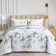 Green Leaves Printed on White Reversible Bedspread Coverlet Set