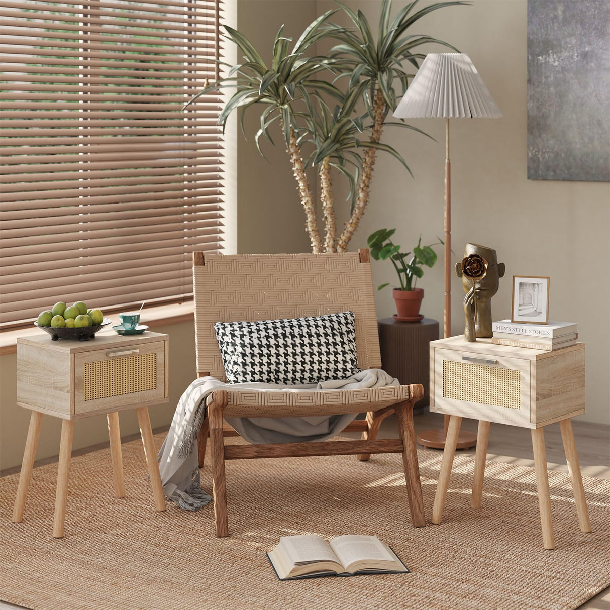 Nightstand, Small Bedside Table, Handmade Rattan Decorated Drawer, Solid Wood Legs