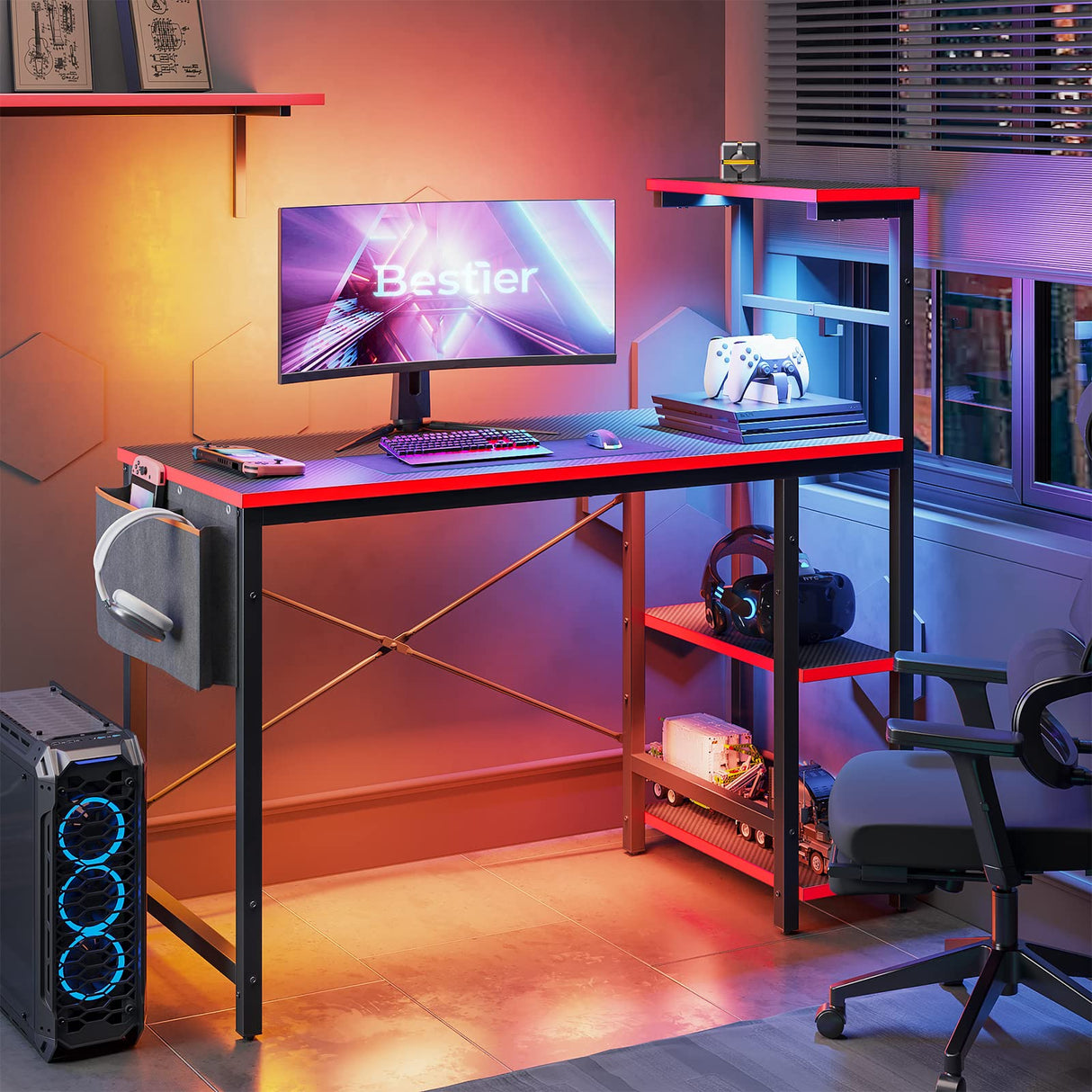 Gaming Desk with LED Lights, 44 Inch PC Gamer Desk for Small Spaces, Computer Desk