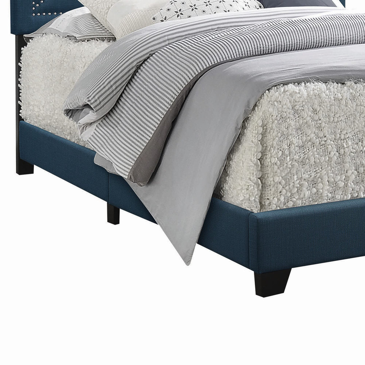 Fabric Upholstered Queen Bed with Block Legs, Blue, Brown
