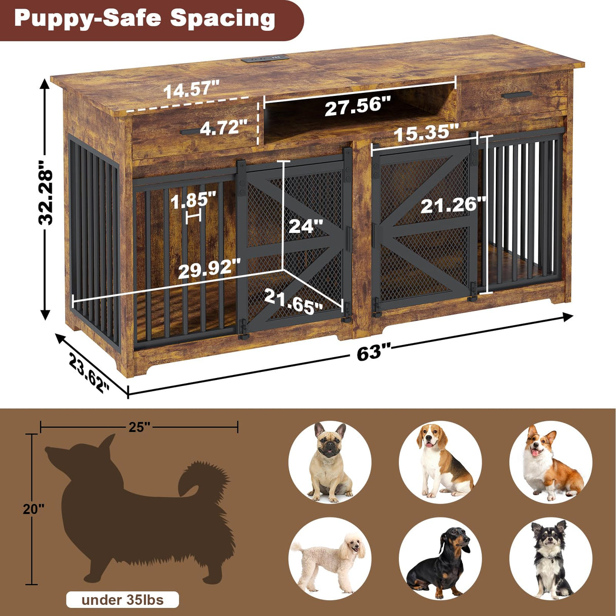 63" Double Dog Crate Furniture with Sliding Door & Charging Station