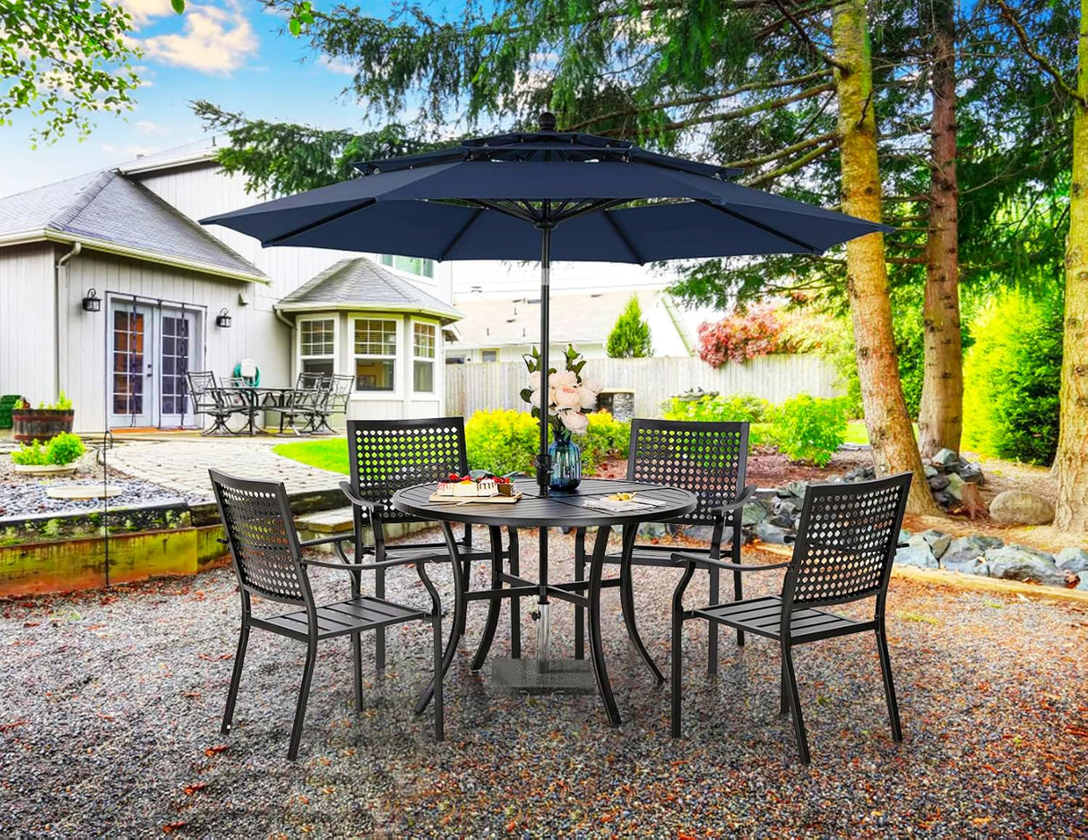Outdoor Round Dining Table for 4, 42" Large Metal Wrought Iron Table with Umbrella Hole