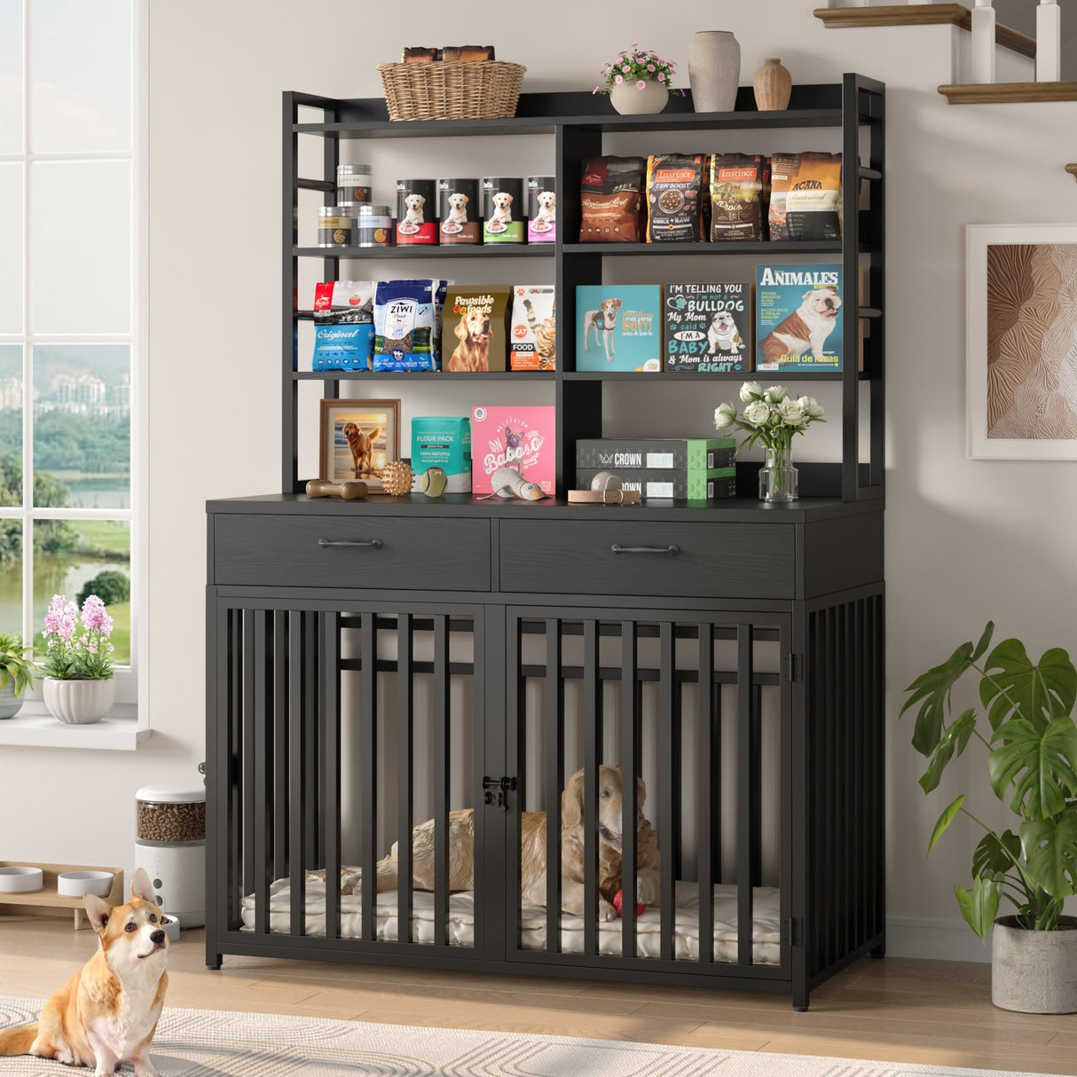 Large Dog Crate Furniture with Storage - 71H x 47W Heavy Duty Indoor Kennel