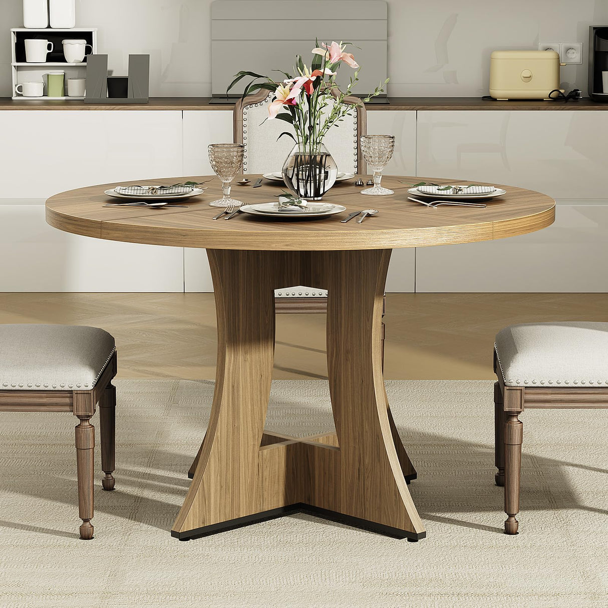 47.2 inch Round Dining Table for 4-6 People, Wood Kitchen Table for Dining Room