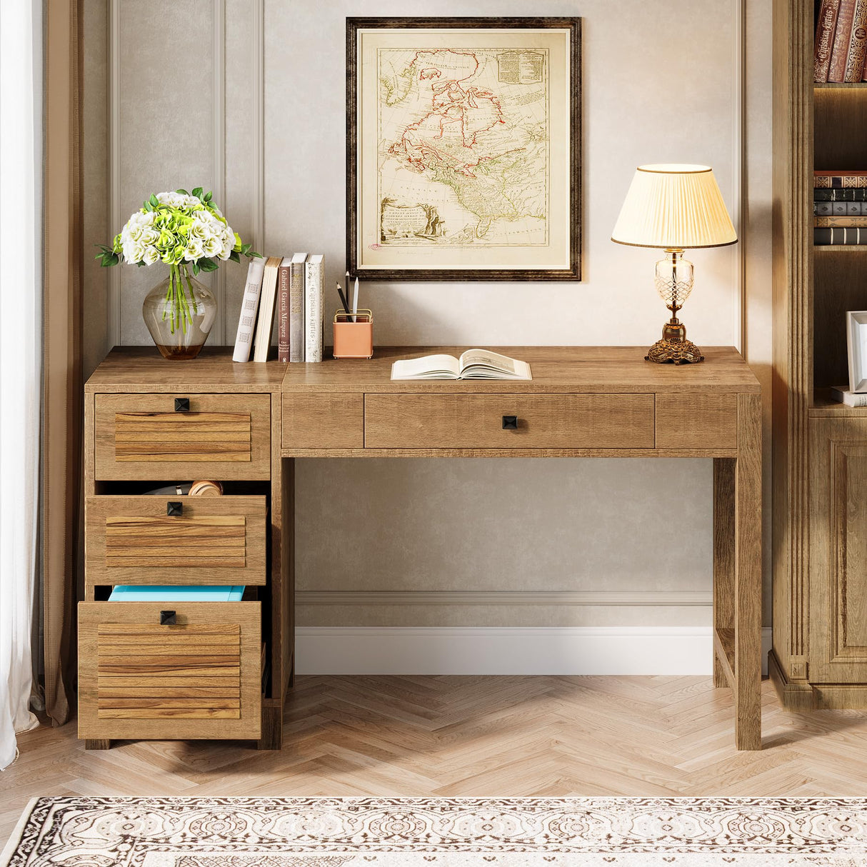 Wood Desk with 4 Drawers, Executive Desk with Storage, Home Office Desk with File