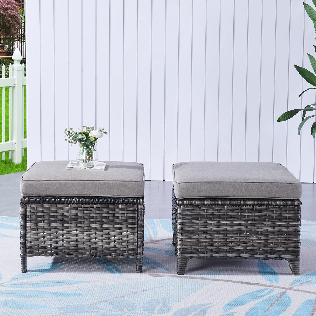 Outdoor Ottomans for Patio Set of 2 PE Wicker Steel Frame Outdoor Footstool for Patio