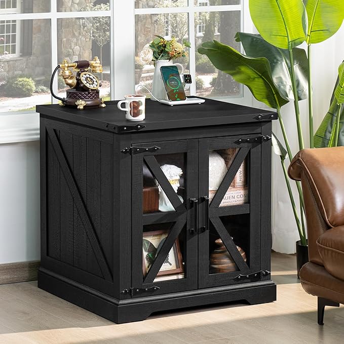 24" End Table Set of 2 with Charging Station, Farmhouse Night Stand with Glass Barn Door