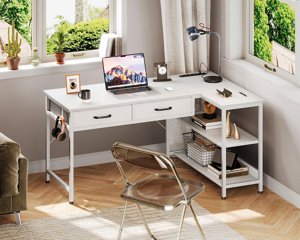40 Inch L Shaped Desk with 2 Drawers, Computer Desk with USB Ports, Office Desk with Storage Shelves, Corner Desk Home Office Desks, Small Desk for Bedroom, White