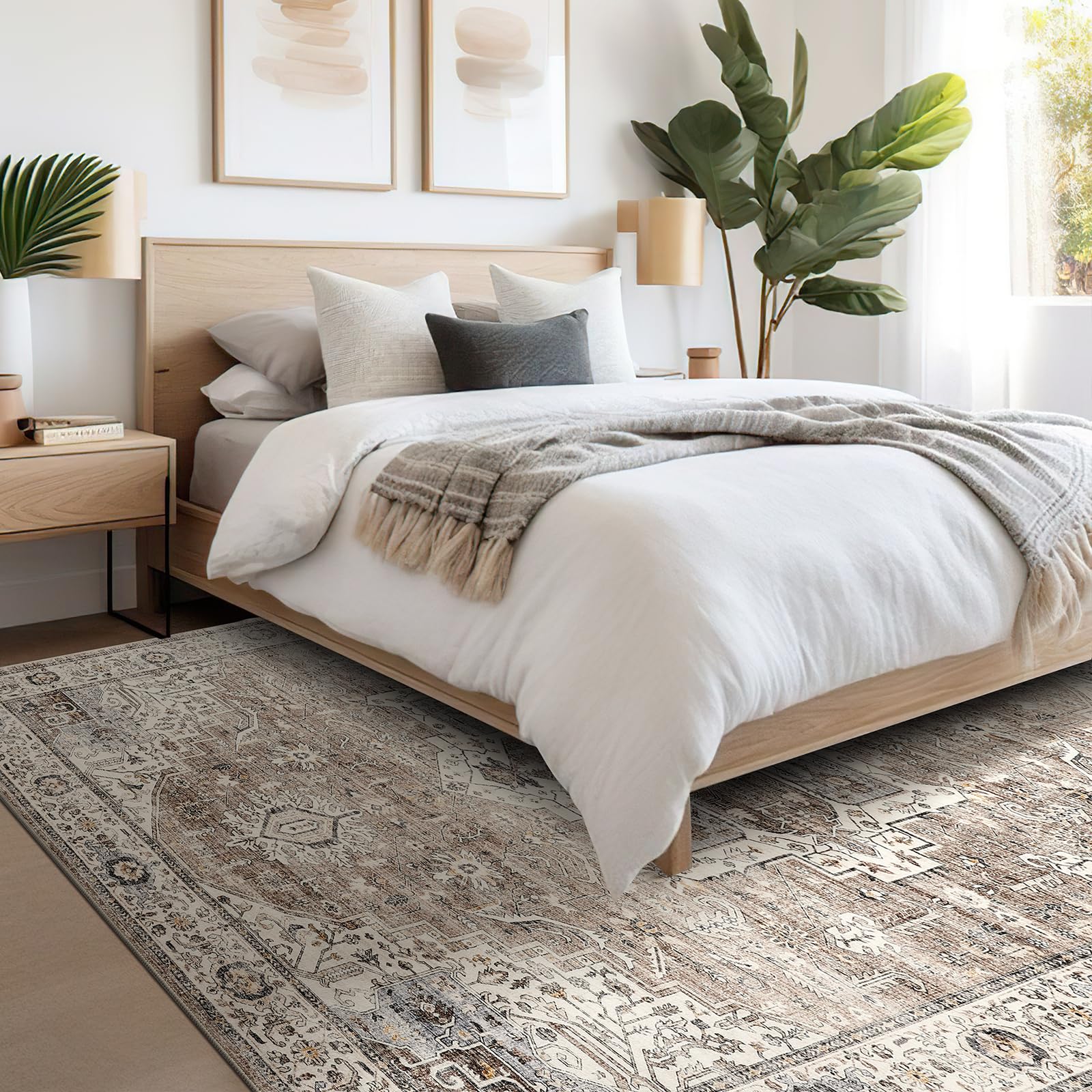 zesthome Area Rugs 8x10 Rugs for Living Room,Non-Slip Backing Washable Rugs,Vintage Printed Large Area Rug,Ultra-Thin Stain Resistant Rug (Brown,8'x10')