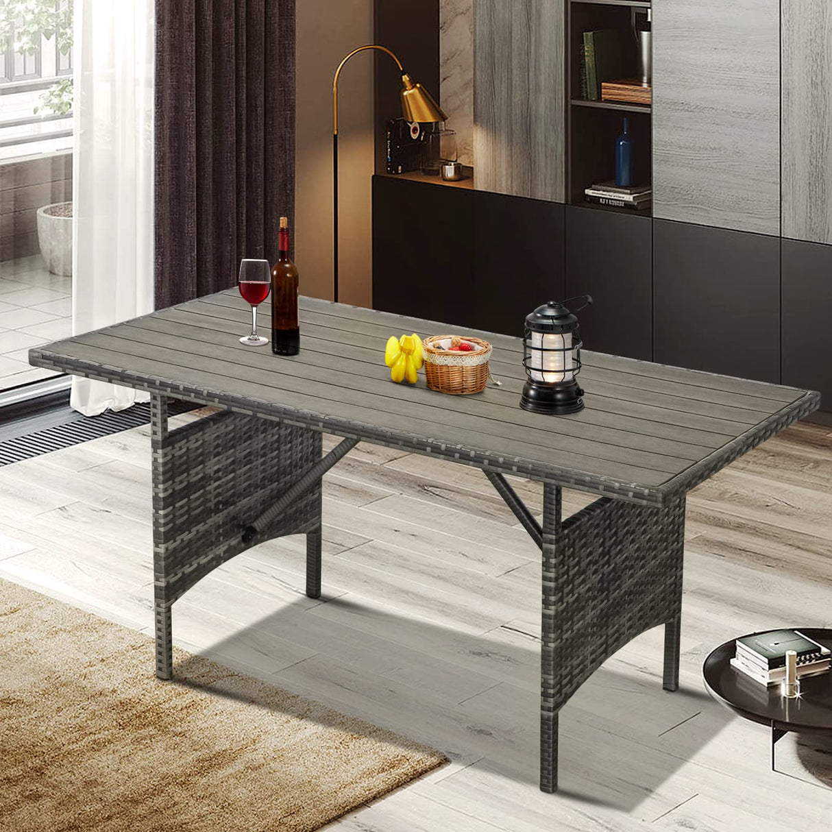 54-Inch Wicker Outdoor Dining Table - Grey Metal Frame for Patio & Indoor Use