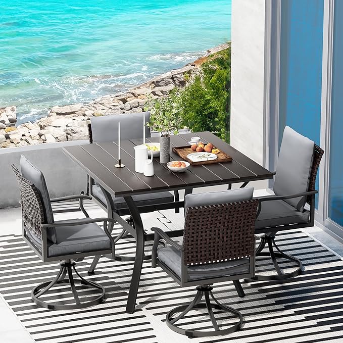 5 Piece Outdoor Patio Dining Set with 4 Swivel Dining Chairs & 1 Large Square Dining Table