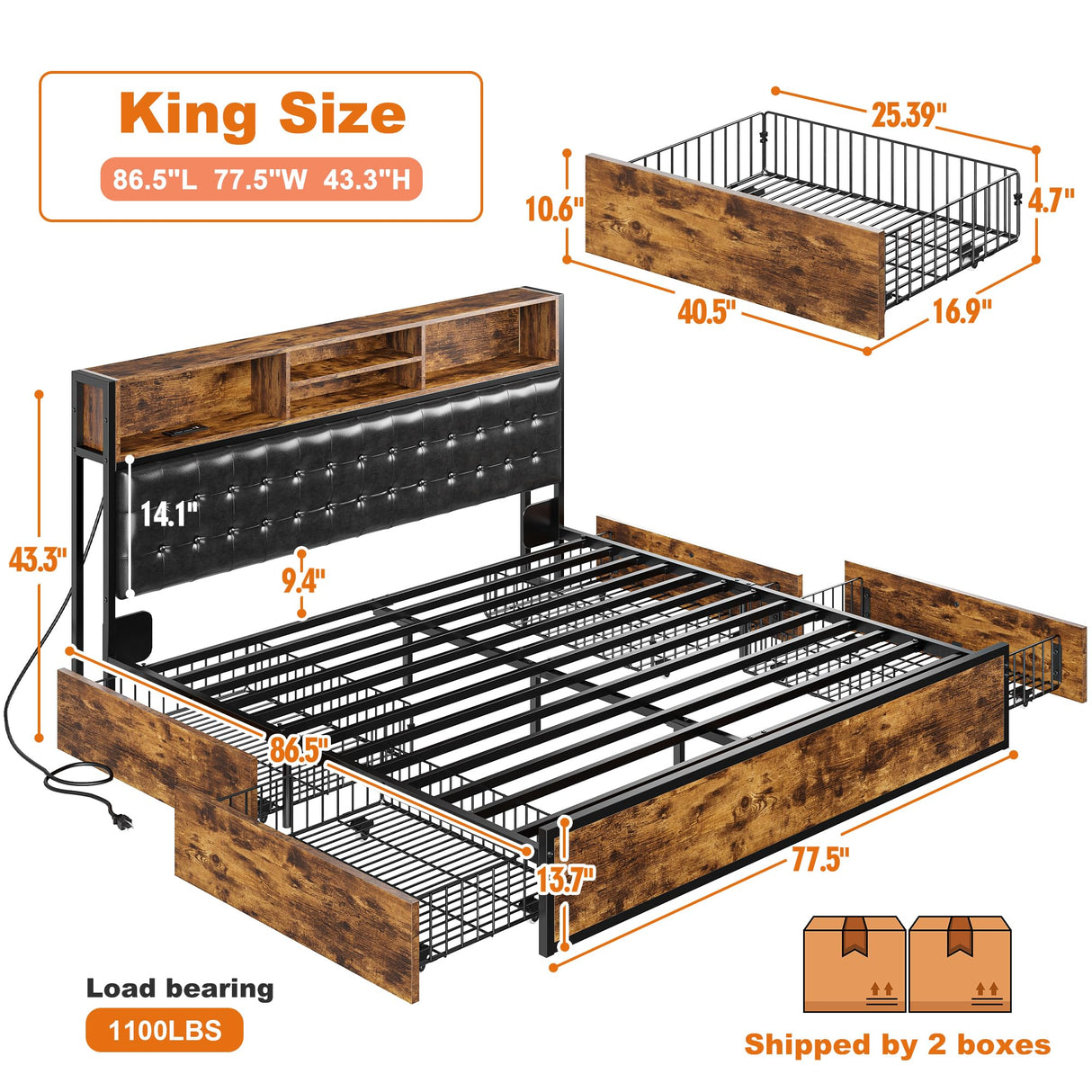 King Size Bed Frame with 4 Storage Drawers and Charging Station