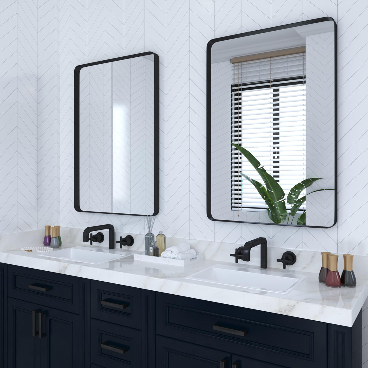Black Bathroom Mirrors , Metal Framed Rounded Rectangle Wall Vanity Mirror