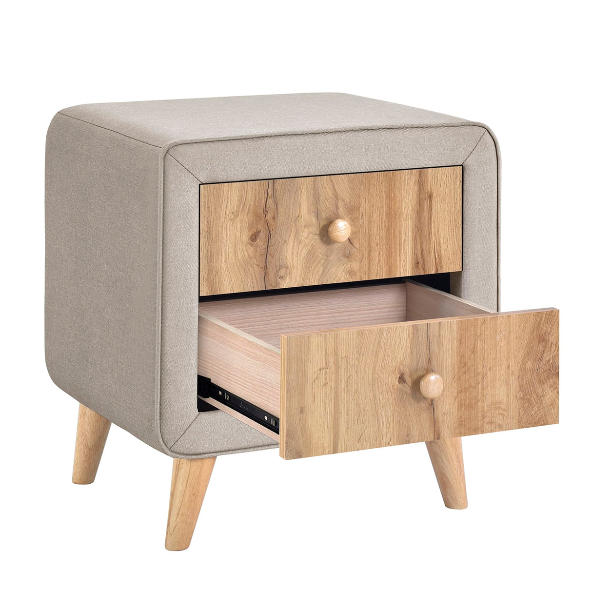 Upholstered Wooden Nightstand with 2 Drawers, Bedside Table with Rubber Wood Leg