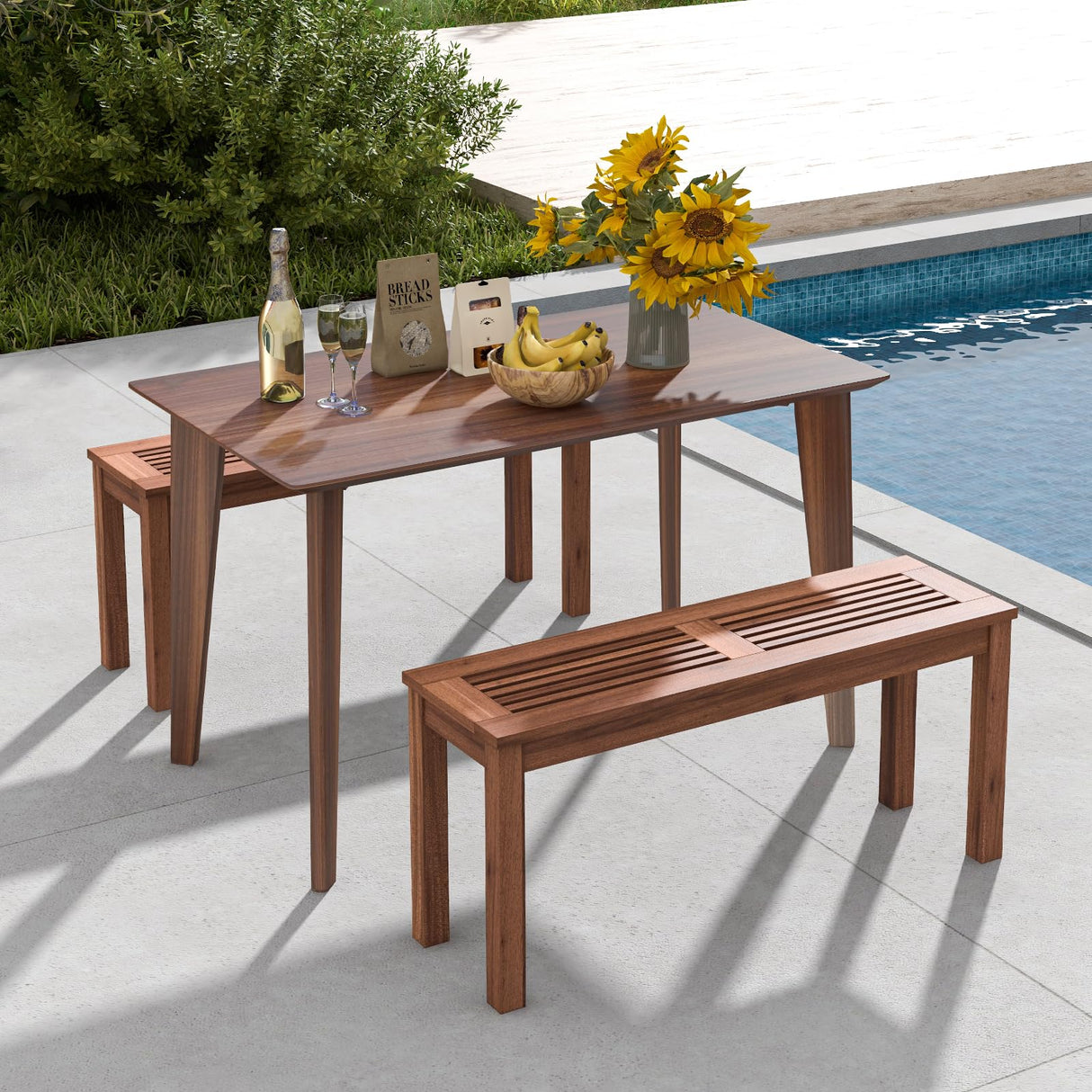 Patio Wood Bench, 2-Person Solid Wood Bench