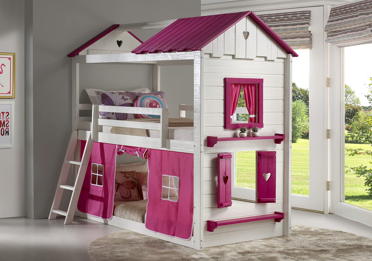Sweet Heart Novelty Twin Over Twin Bunkbed in White & Pink Finish with Pink Tent