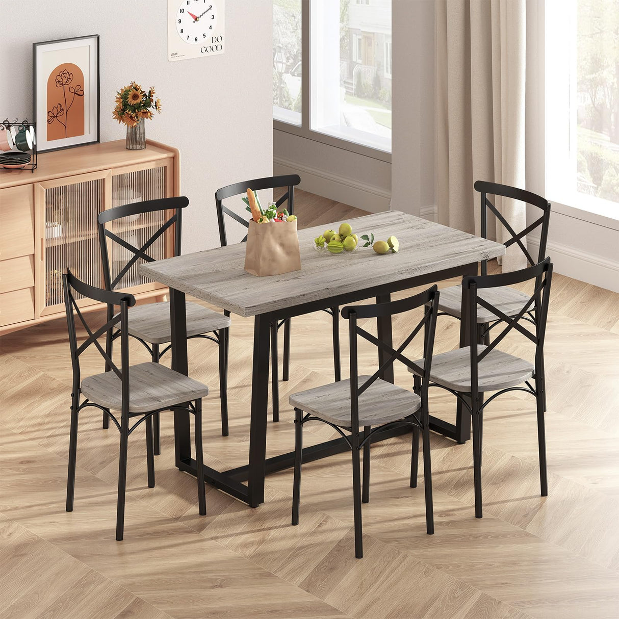 7-Piece Dining Table Set for 6, Rectangular Metal Frame Table with 6 Chairs, Modern Table