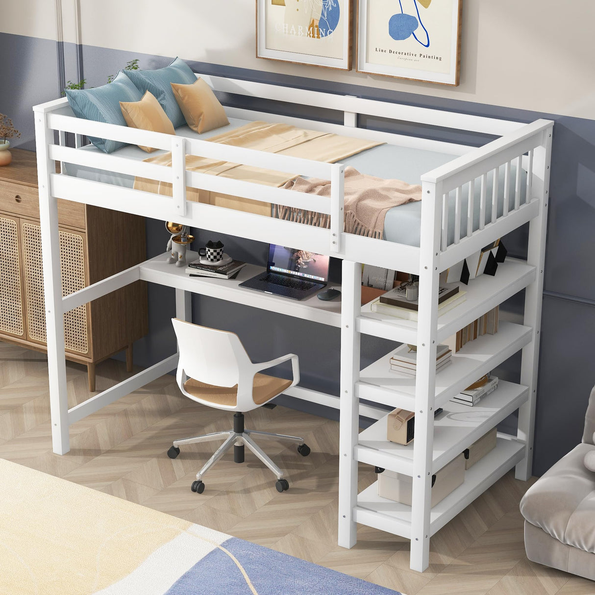 with Desk : Twin Size Loft Bed with 4-Storage Shelves and Under-Bed Desk Solid Wood