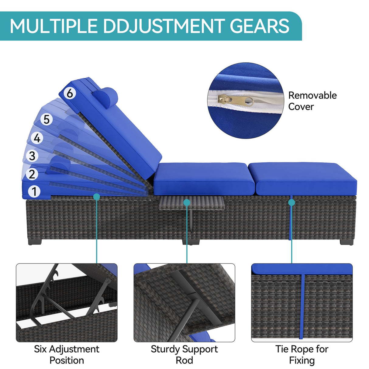 GAOMON Outdoor PE Wicker Chaise Lounge Chairs Set of 2 Patio Brown Rattan Reclining Chair Adjustable Backrest Pool Sunbathing Recliners with Cushion Cover, Navy