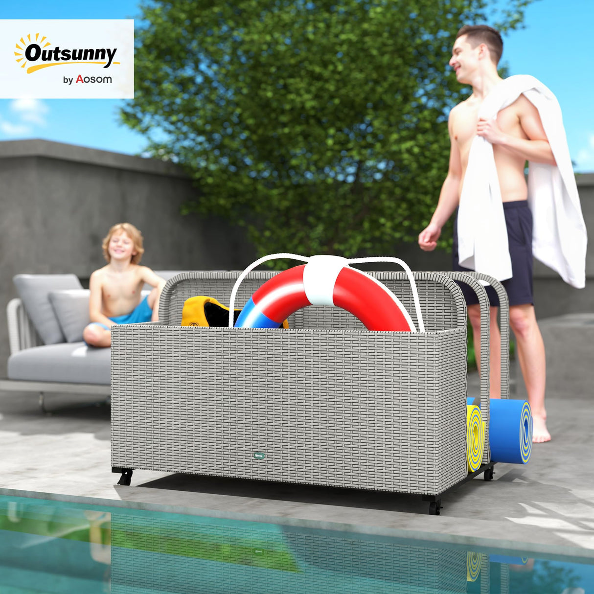 Wicker Patio Pool Float Storage Basket, PE Rattan Outdoor Pool Caddy with Rolling Wheels