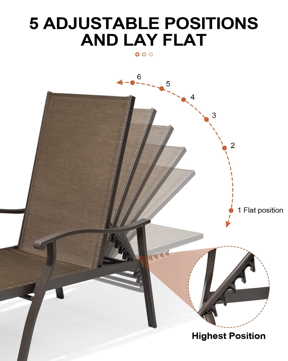 Crestlive Products Aluminum Adjustable Chaise Lounge Chair Five-Position and Full Flat Outdoor Recliner All Weather 2PCS Brown