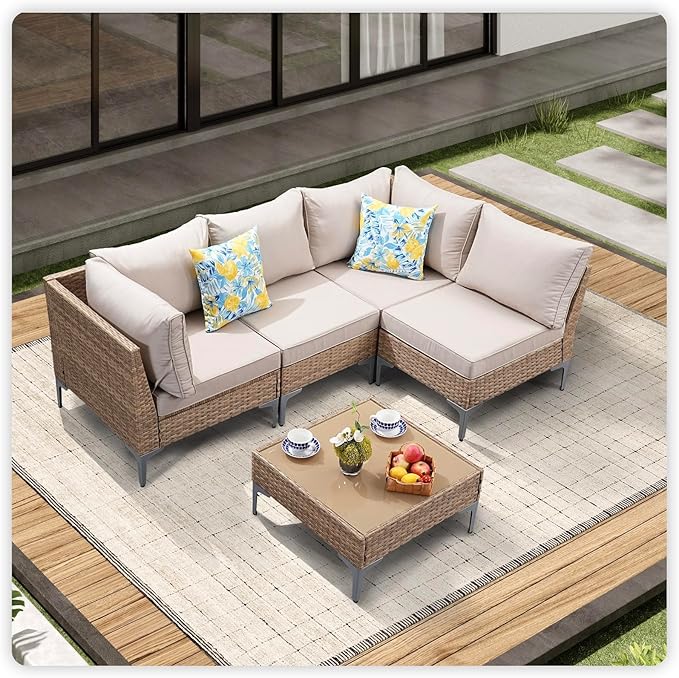 5 Piece Wicker Patio Furniture Set,Outdoor Conversation Sectional Sofa w/Coffee Table
