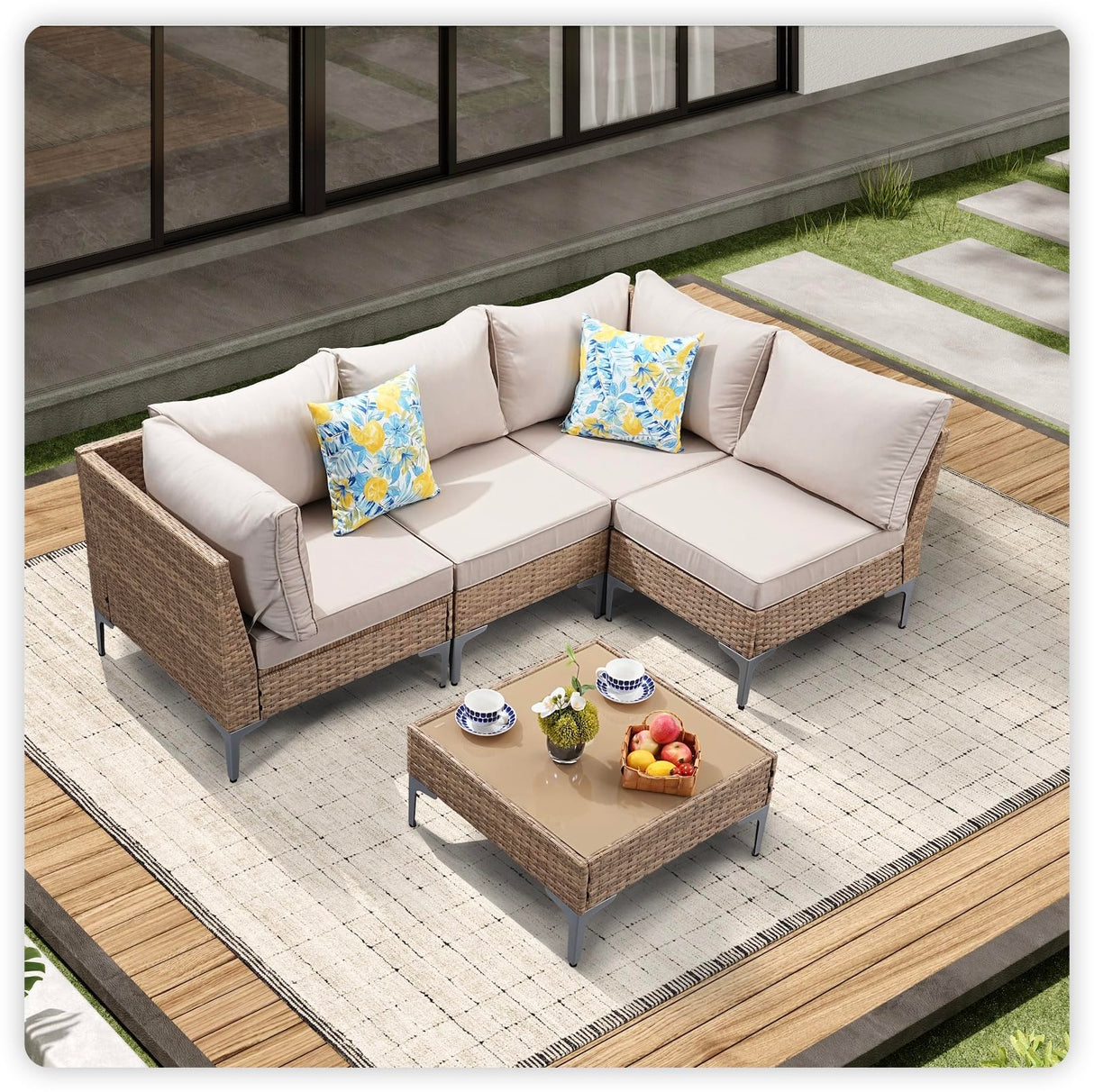 5 Piece Wicker Patio Furniture Set,Outdoor Conversation Sectional Sofa w/Coffee Table