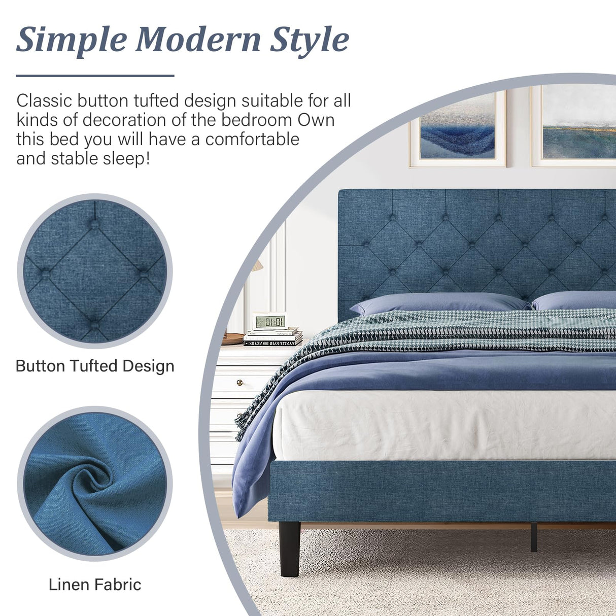 Full Size Bed Frame with Button Tufted Headboard, Upholstered Platform Bed with Wooden Slats Support, No Box Spring Needed, Easy Assembly, Navy Blue