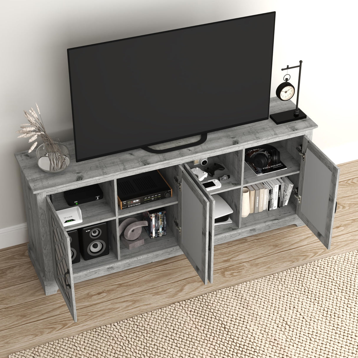 Farmhouse TV Stand for Television Up to 75 Inches, 4 Mirror Doors Entertainment Center