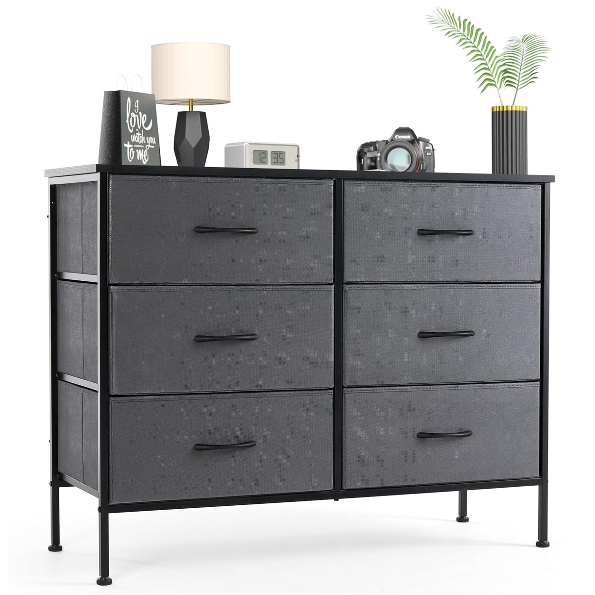 Sweetcrispy 6 Drawer Dresser for Bedroom, Fabric Chest of Drawers Dressers, Storage Tower Unit with Fabric Bins, Bedroom Dresser for Closet, Living Room, Hallway, Wood Top, Steel Frame, Grey