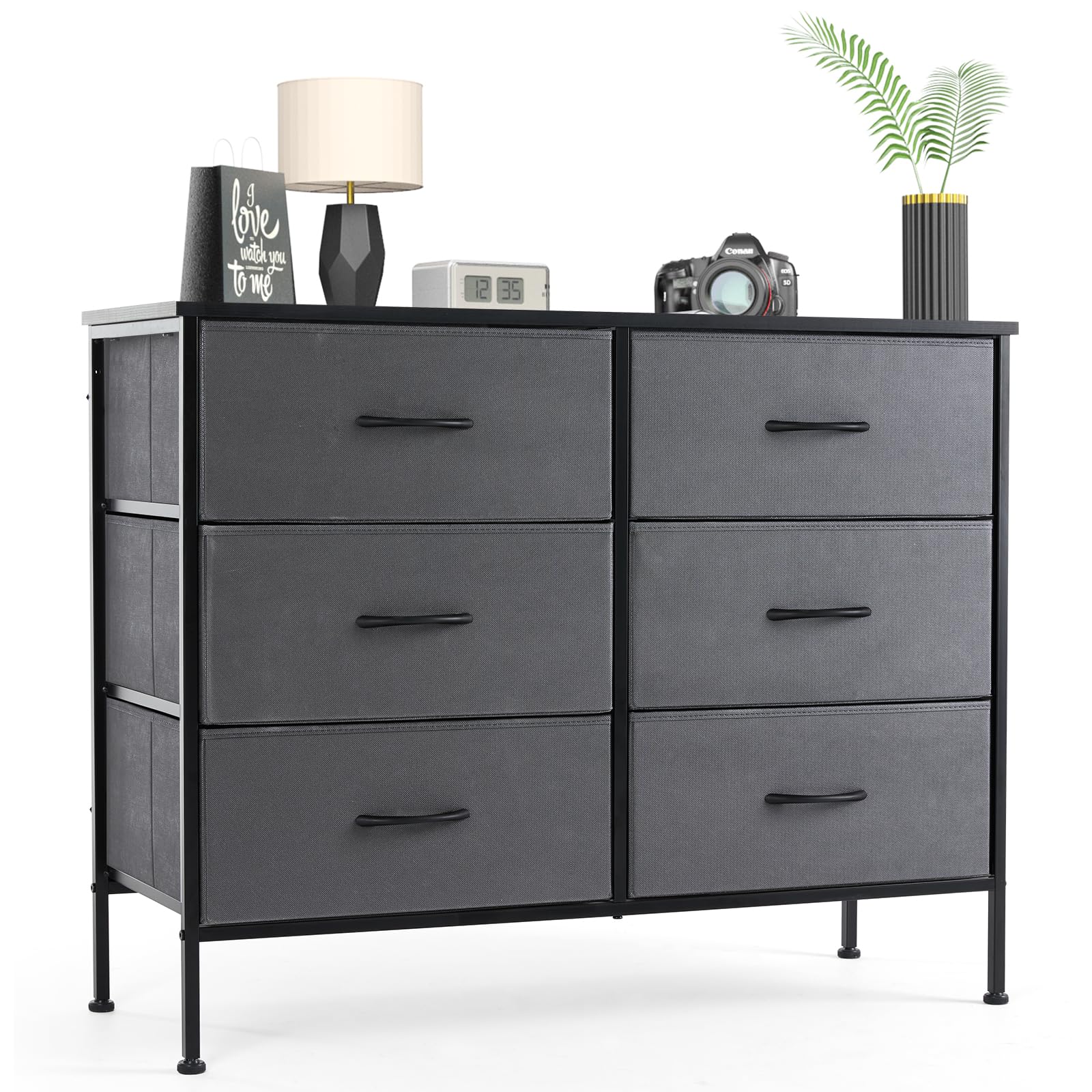 Sweetcrispy 6 Drawer Dresser for Bedroom, Fabric Chest of Drawers Dressers, Storage Tower Unit with Fabric Bins, Bedroom Dresser for Closet, Living Room, Hallway, Wood Top, Steel Frame, Grey